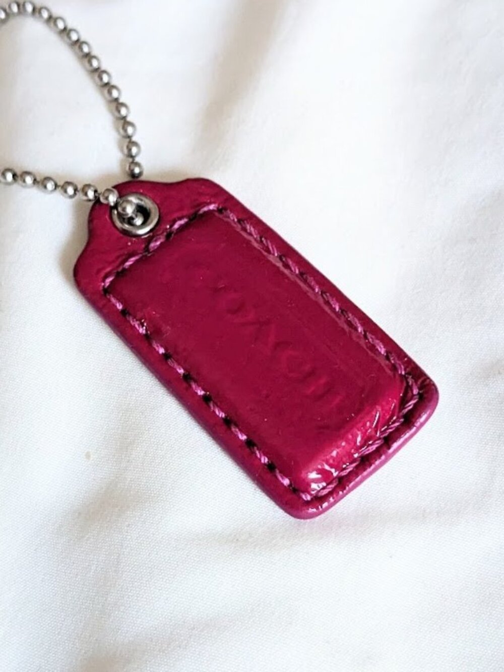 Coach Two-Colored Hang Tag 2" Charm Patent Leather Dark Pink Silver Chain Y2K